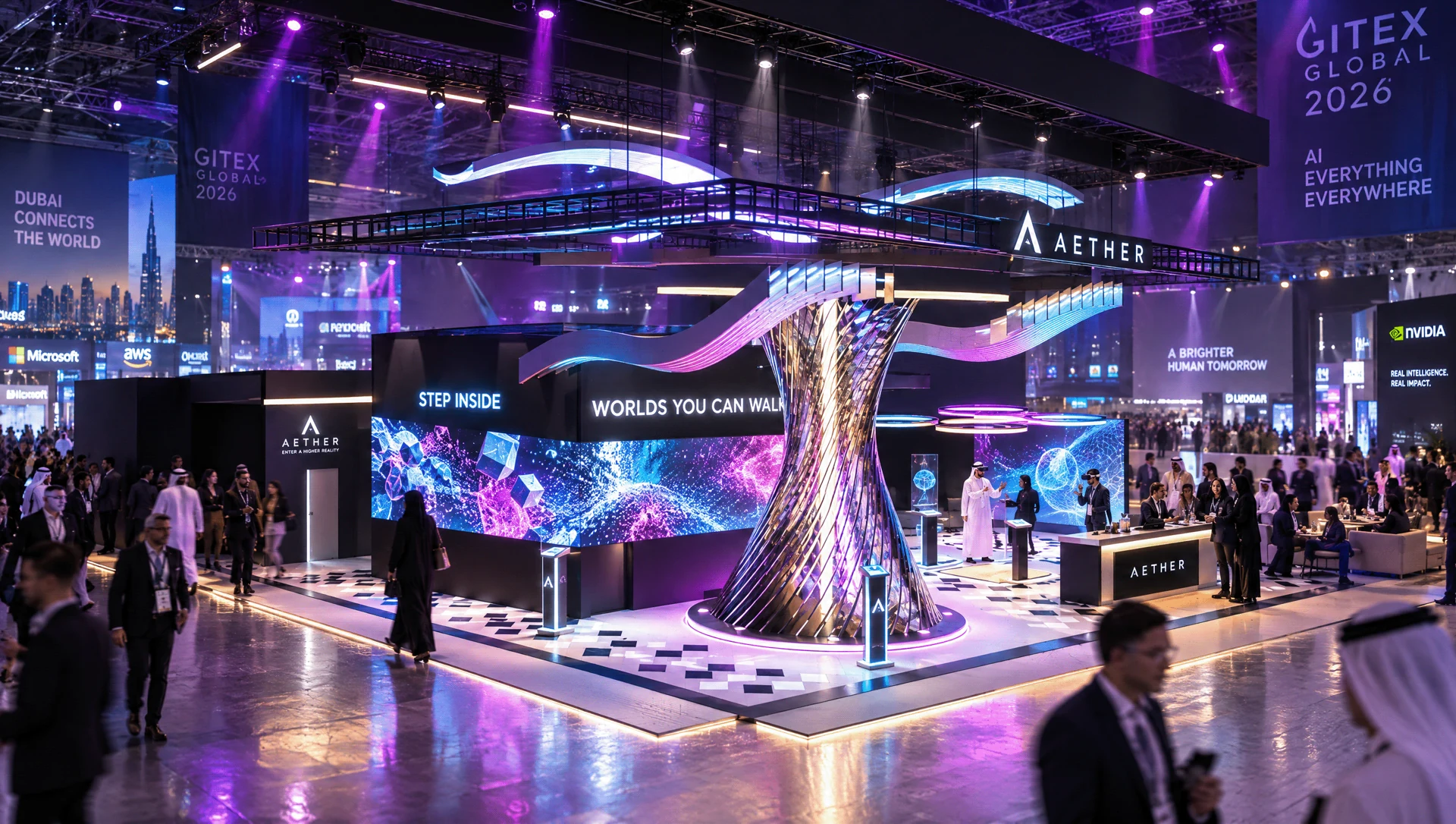 Violet AETHER exhibition booth with overhead architectural structure