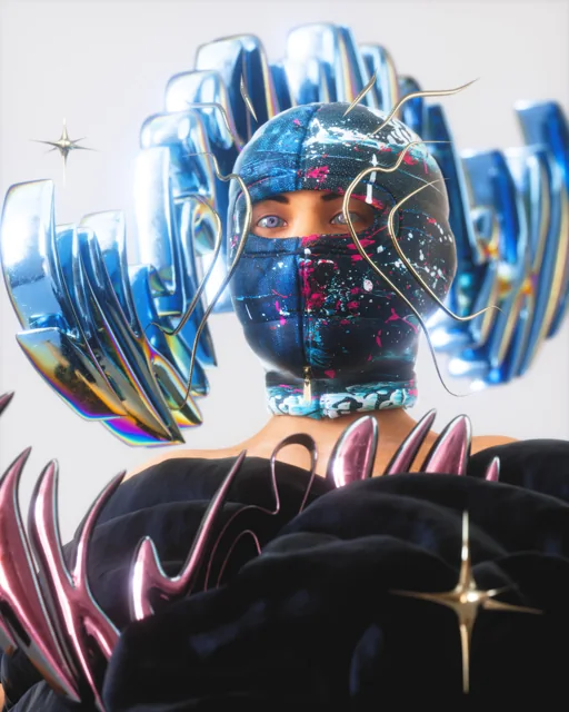 Portrait with a reflective blue metallic headpiece and chrome mask
